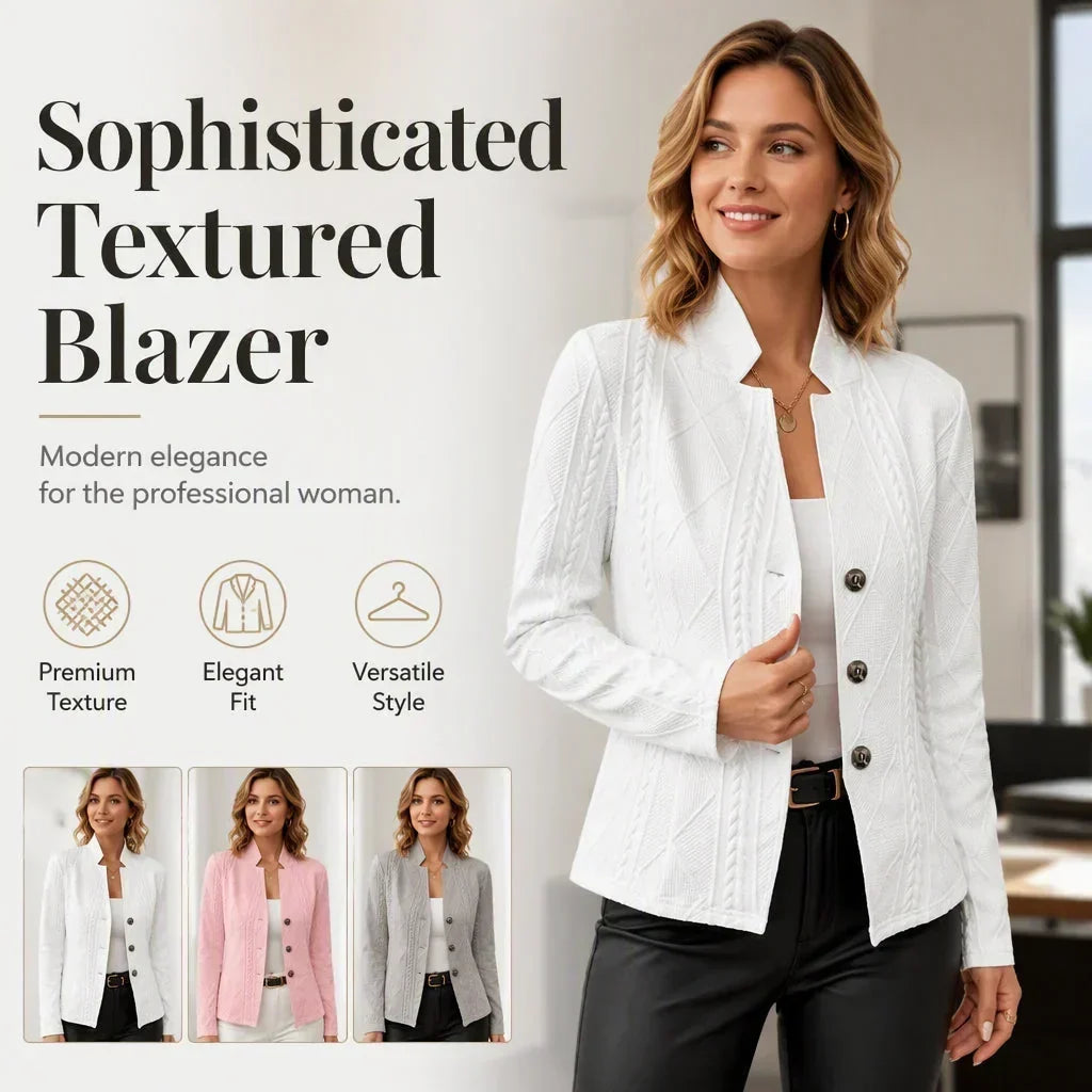 White textured blazer on a model, with small inset photos showing the white, pink and grey versions 17