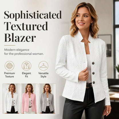 White textured blazer on a model, with small inset photos showing the white, pink and grey versions 17