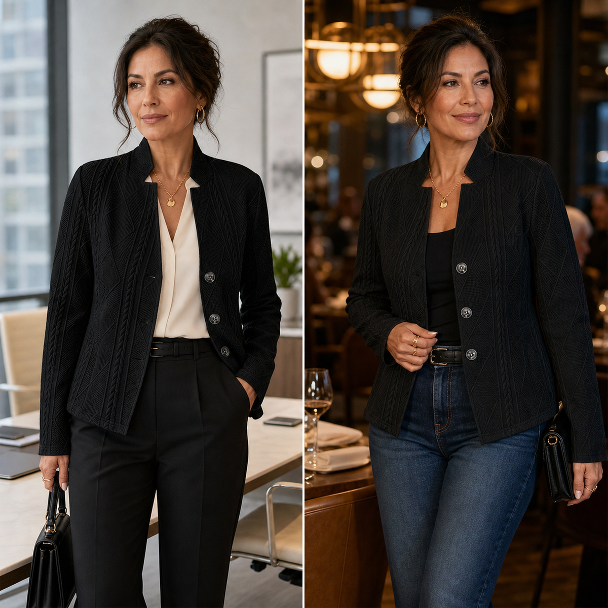 Black textured blazer styled two ways: with tailored trousers in an office and with jeans at dinner 16