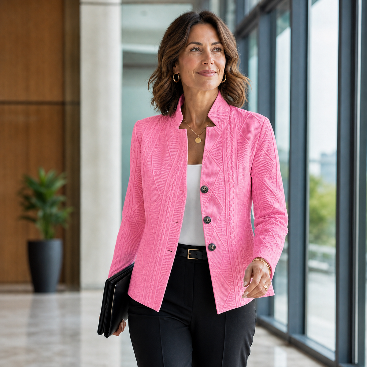 Bright pink textured blazer worn open at the neck with black trousers in an office corridor 8