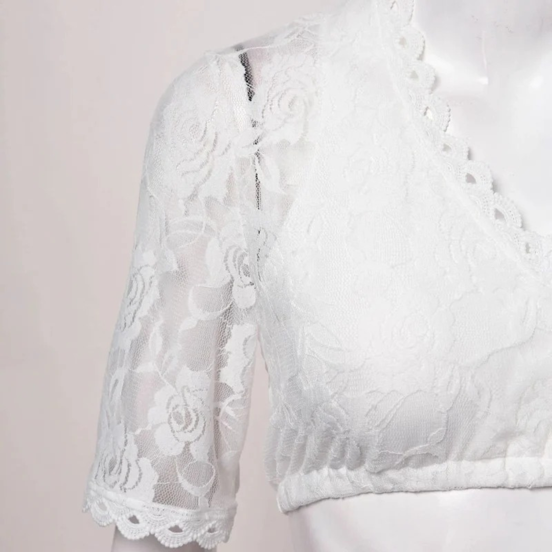 Close-up of the lace sleeve, scalloped neckline edge and elasticated hem, shown on a mannequin to highlight the rose pattern. 4