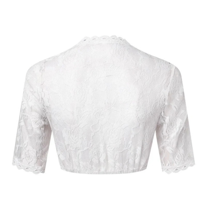 Back view of the white rose lace blouse on its own, showing the sheer back, scalloped collar edge and gathered hem. 5