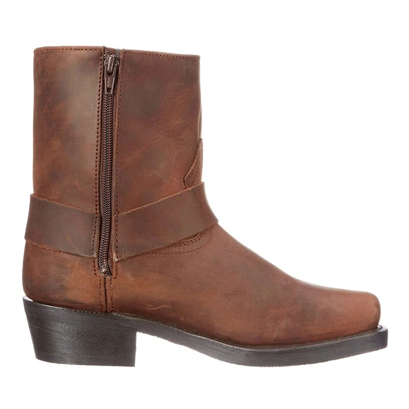 Side view of the brown leather boot showing the inner zip fastening, ankle strap and low stacked heel. 3