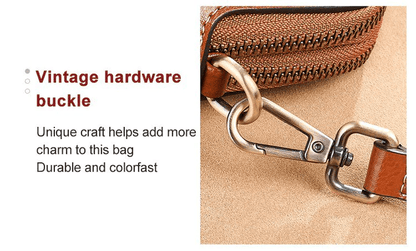 Close-up of a vintage-style brass swivel clip attaching the strap to the tan bag 15