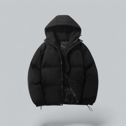 Black quilted hooded puffer jacket, front view with the zip partly open showing the glossy lining and toggle hem cords. 1