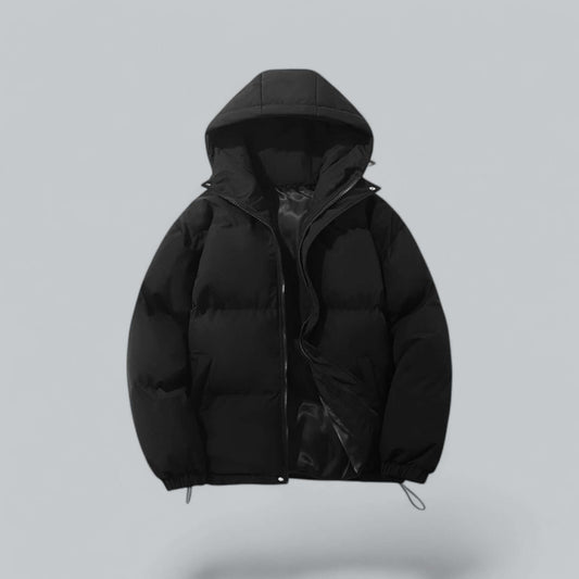 Black quilted hooded puffer jacket, front view with the zip partly open showing the glossy lining and toggle hem cords. 1