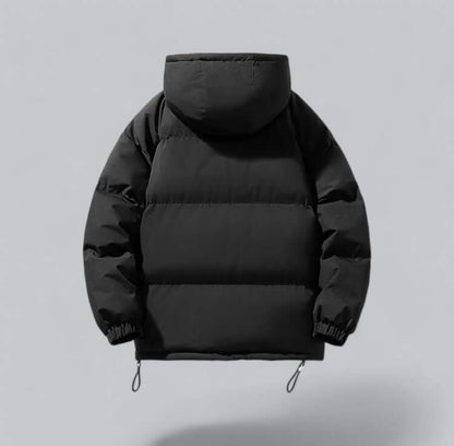 Back view of the black padded jacket, showing the horizontal quilted panels, hood and elasticated cuffs. 2