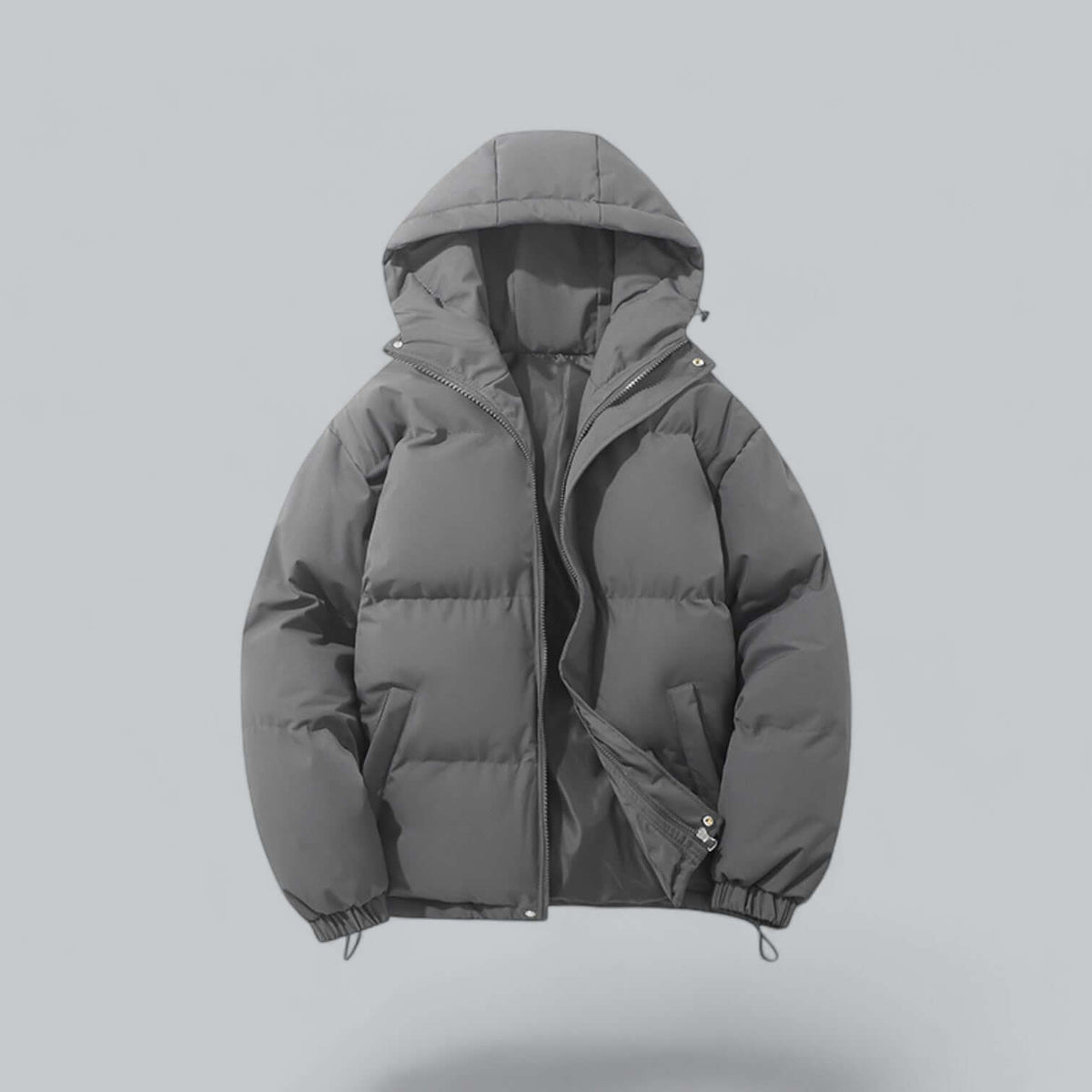 Dark grey padded hooded jacket, front view with the zip half undone, showing the lining and front pockets. 4