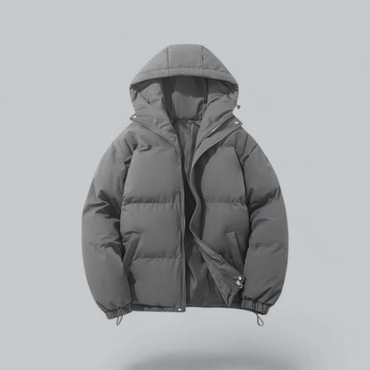 Dark grey padded hooded jacket, front view with the zip half undone, showing the lining and front pockets. 4