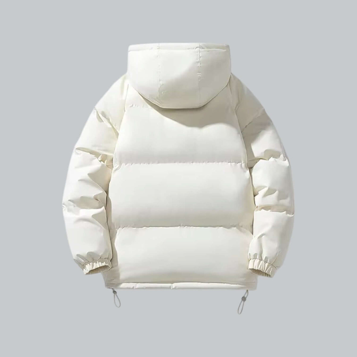 Back view of the cream white puffer jacket, showing the quilted back panels, hood and drawcord toggles at the hem. 7