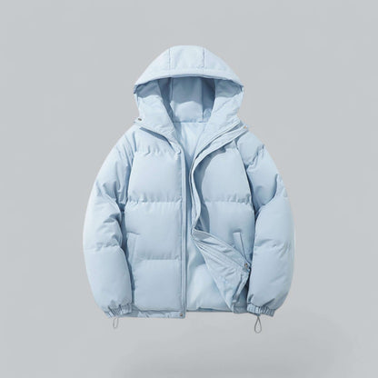 Light blue hooded puffer jacket, front view with the zip partly open and pockets visible on the quilted body. 8