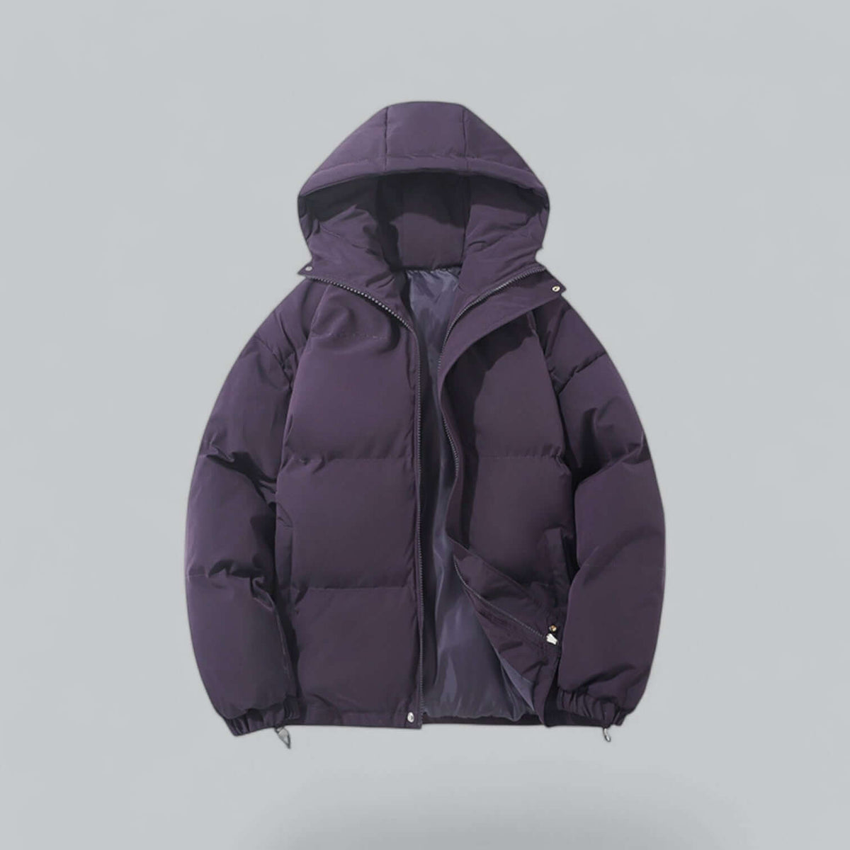 Deep purple quilted hooded jacket, front view with the zip open at the bottom showing a satin-like lining. 9