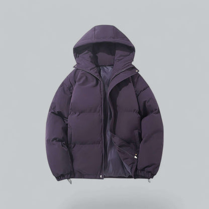 Deep purple quilted hooded jacket, front view with the zip open at the bottom showing a satin-like lining. 9