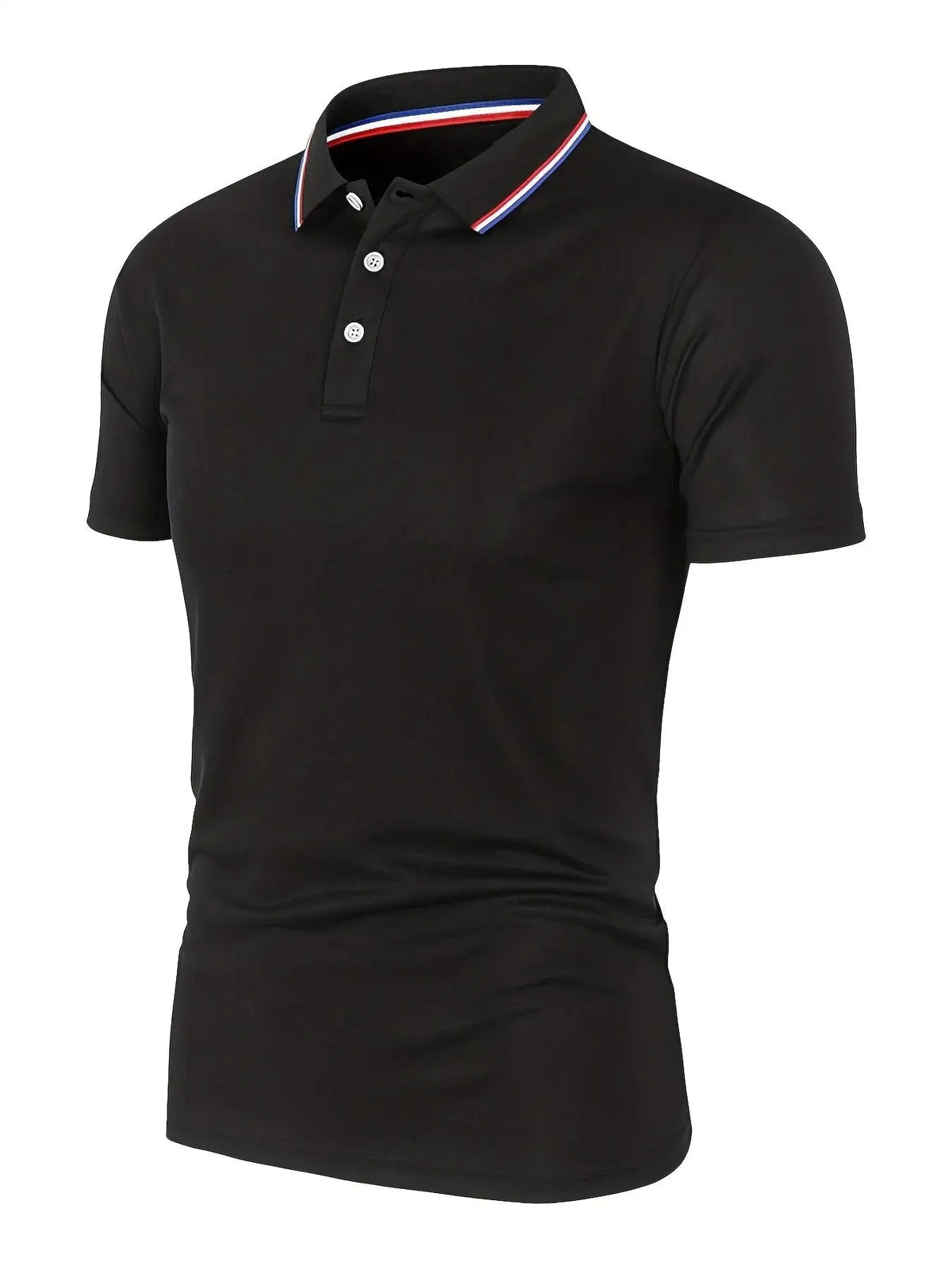 Black short-sleeved polo shirt shown at an angle, with a three-button placket and a red, white and blue striped collar. 1