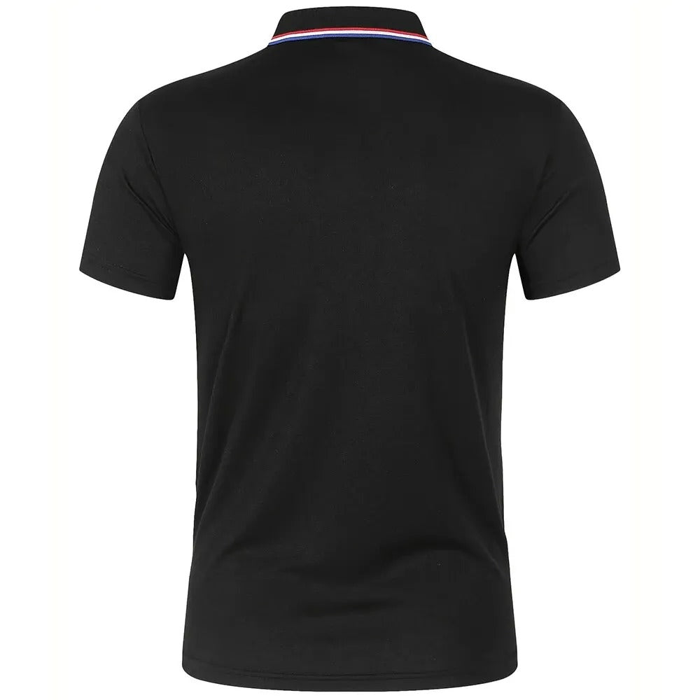 Back view of the black polo shirt, showing the plain back panel and the striped trim along the rear of the collar. 10
