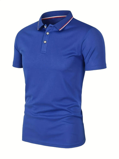 Royal blue short-sleeved polo shirt shown at an angle, with a three-button placket and a red and white striped collar edge. 3