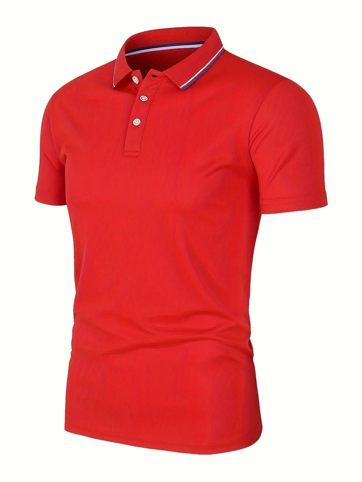 Red short-sleeved polo shirt shown at an angle, with a three-button placket and a blue and white striped collar trim. 6