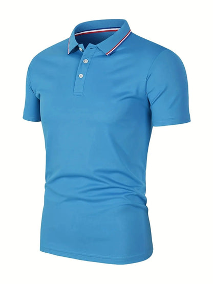 Light blue short-sleeved polo shirt shown at an angle, with a three-button placket and a red, white and blue striped collar. 7