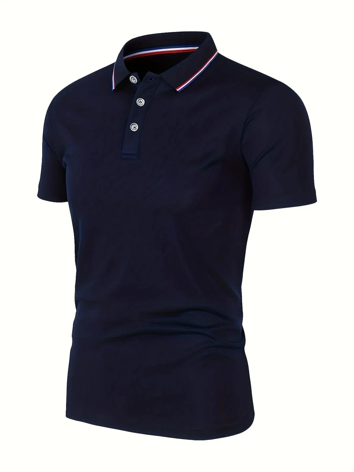 Navy short-sleeved polo shirt shown at an angle, with a three-button placket and a red, white and blue striped collar. 8