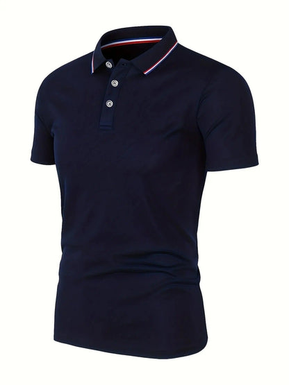 Navy short-sleeved polo shirt shown at an angle, with a three-button placket and a red, white and blue striped collar. 8