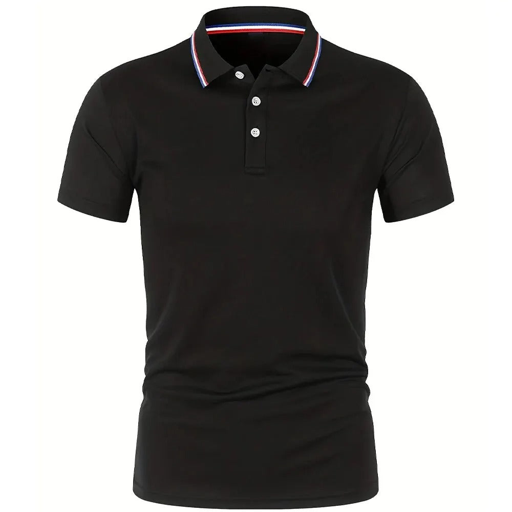 Front view of the black polo shirt laid straight on, showing the three white buttons and the striped collar. 9