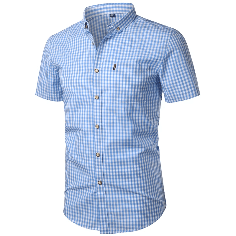 Light blue gingham shirt shown from a slight angle, with the button-down collar, chest pocket and curved hem visible. 2