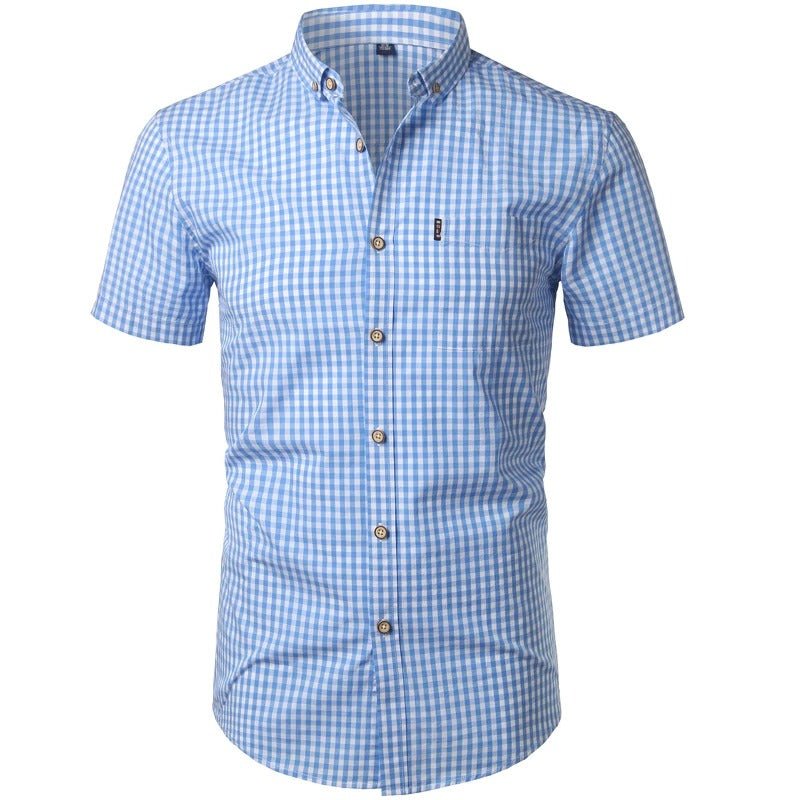 Front view of the light blue and white gingham shirt, buttoned up, with a chest pocket and wooden-effect buttons. 1