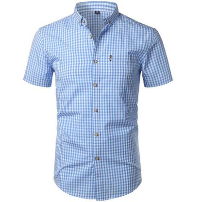 Front view of the light blue and white gingham shirt, buttoned up, with a chest pocket and wooden-effect buttons. 1