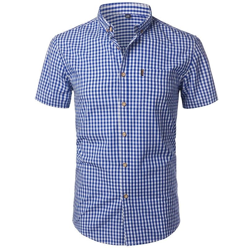 Second front view of the royal blue gingham shirt, with chest pocket and button-down collar. 14