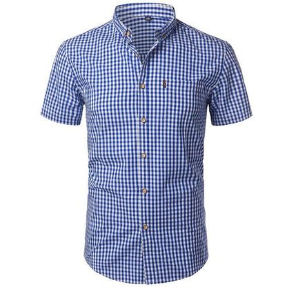 Second front view of the royal blue gingham shirt, with chest pocket and button-down collar. 14