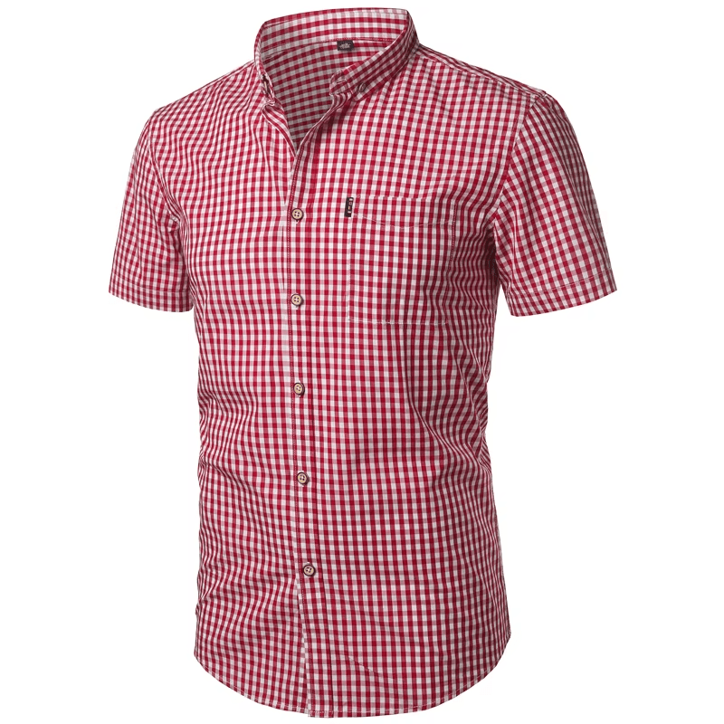 Red gingham shirt shown at a slight angle, showing the pocket, short sleeves and curved hem. 11
