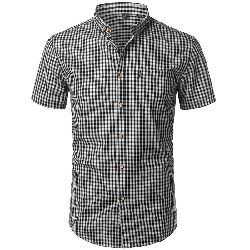 Second front view of the black and white gingham shirt, with chest pocket and wooden-effect buttons. 15