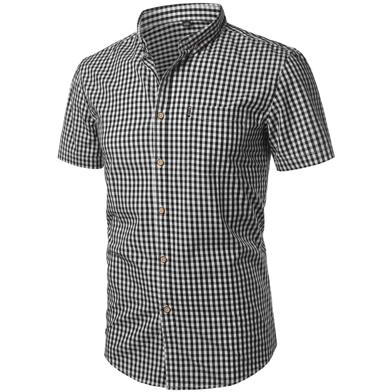 Black and white gingham shirt shown at a three-quarter angle, with the chest pocket and button placket clearly visible. 9