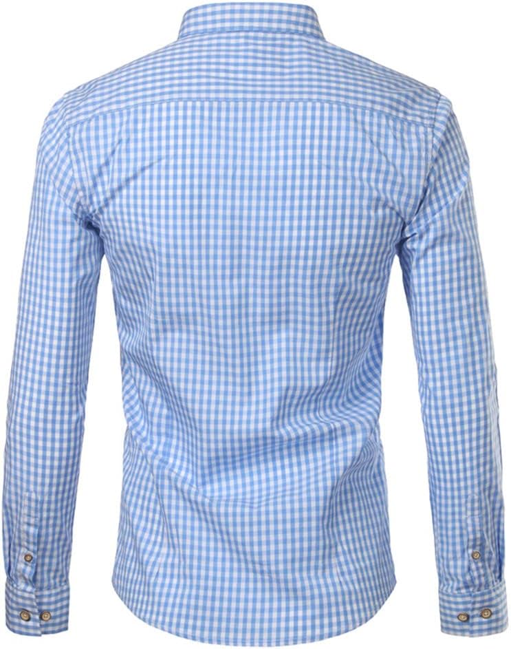Back view of a light blue and white gingham shirt with a yoke seam, long sleeves and buttoned cuffs. 3
