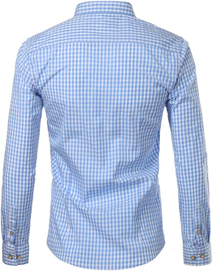 Back view of a light blue and white gingham shirt with a yoke seam, long sleeves and buttoned cuffs. 3