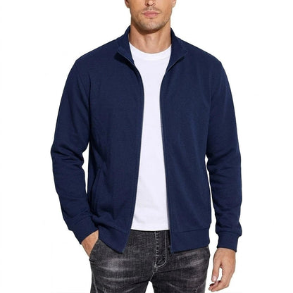 Front view of the zip-up sweatshirt jacket in navy blue, worn open over a white T-shirt and dark jeans. 3
