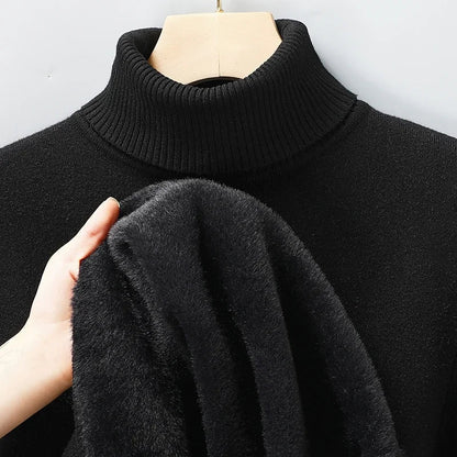 Black turtleneck jumper on a hanger, with a hand showing the thick, soft fleece lining inside 8