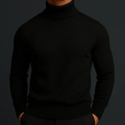 Model wearing the black turtleneck jumper with ribbed collar and hem, hands in black trousers 4