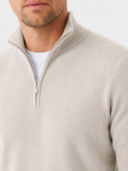 Close-up of the cream jumper's zip and stand collar on a model, with a white tee visible underneath. 11