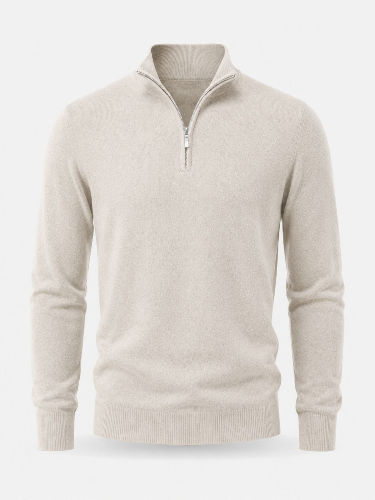 Cream half-zip jumper laid flat, front view showing the open stand collar, silver zip and ribbed cuffs and hem. 12