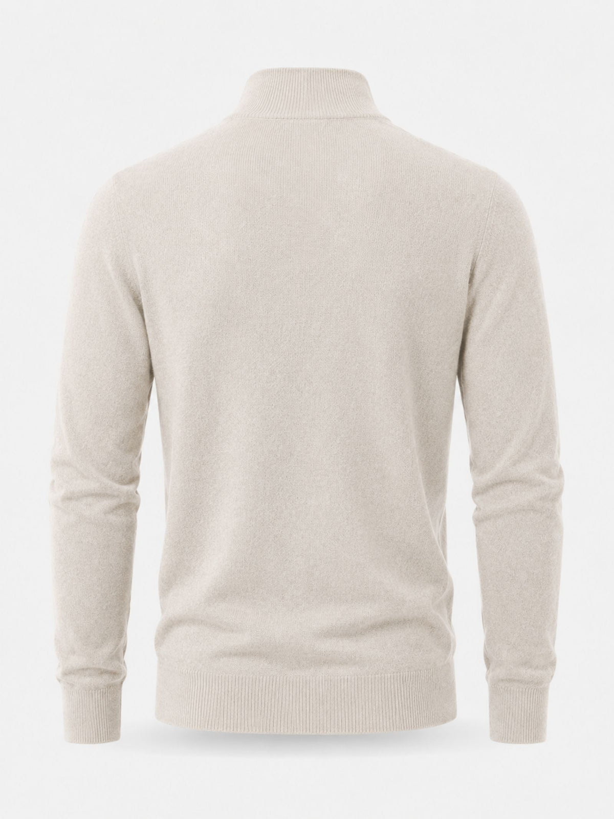 Back view of the cream jumper laid flat, showing the plain knitted back, ribbed stand collar, cuffs and hem. 13