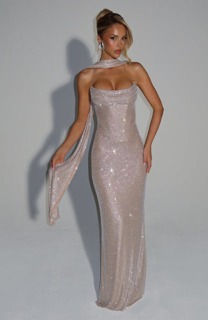 Champagne dress styled with a rhinestone mesh scarf draped over one shoulder, front view 17