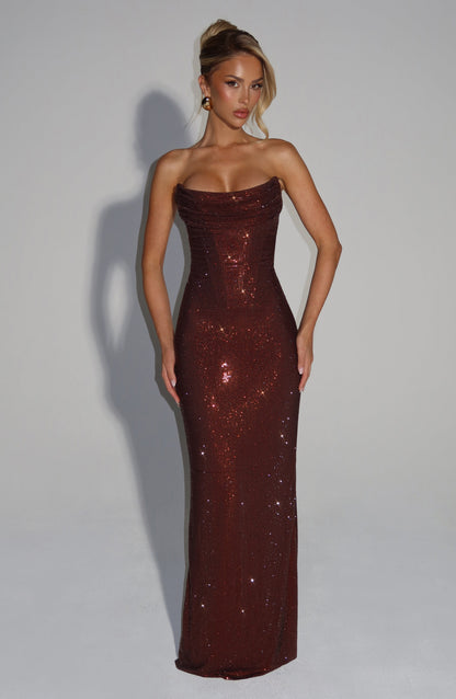 Blonde model wears the dark chocolate-brown rhinestone dress, front view, hands resting at her sides 5