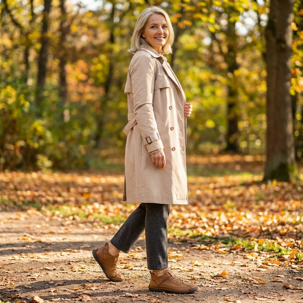 Woman in trench coat walks along an autumn woodland path in tan brown trainers 18