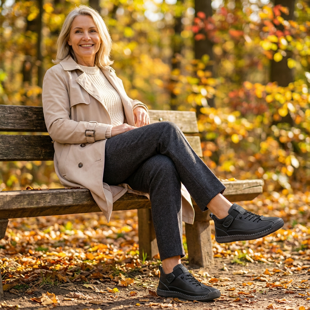 Smiling woman on an autumn park bench wearing black trainers, legs crossed, among fallen leaves 17