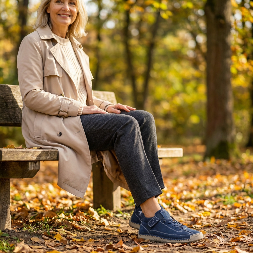 Smiling woman in a beige trench coat sits on an autumn park bench wearing navy trainers 21