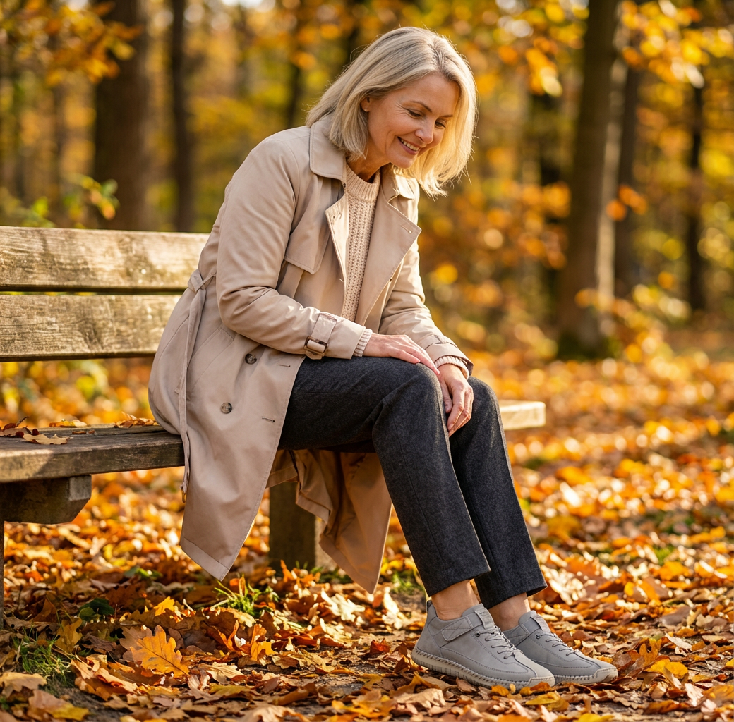 Woman in a trench coat looks down at her grey trainers while seated among fallen leaves 22