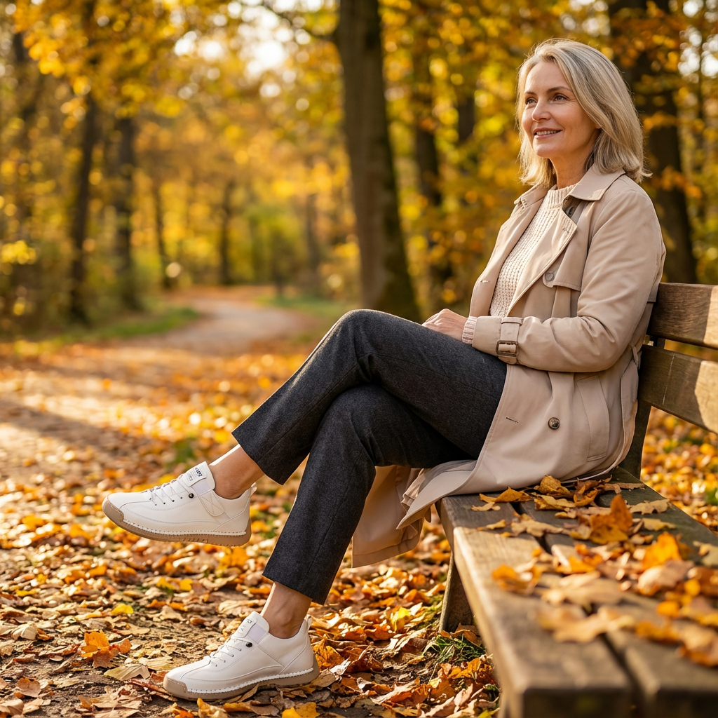 Woman in trench coat sits on a park bench in autumn, wearing white trainers with legs crossed 16