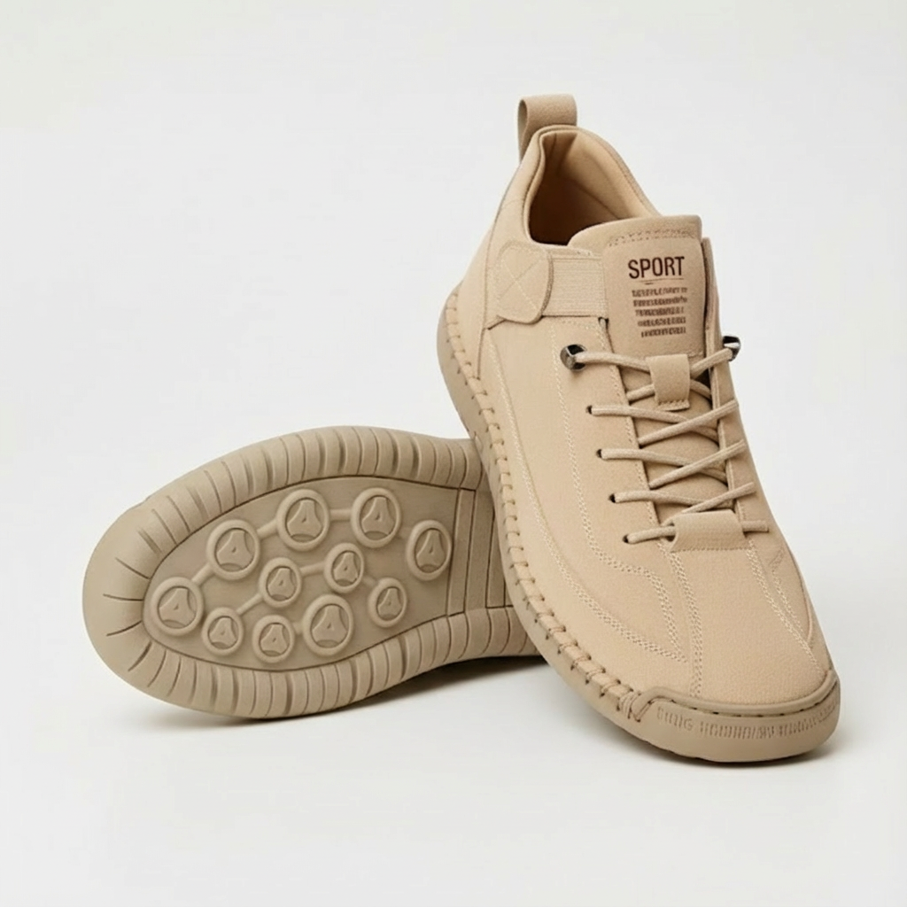 Pair of beige suede-look lace-up trainers, one shown from the side, one sole-up with circular tread 1