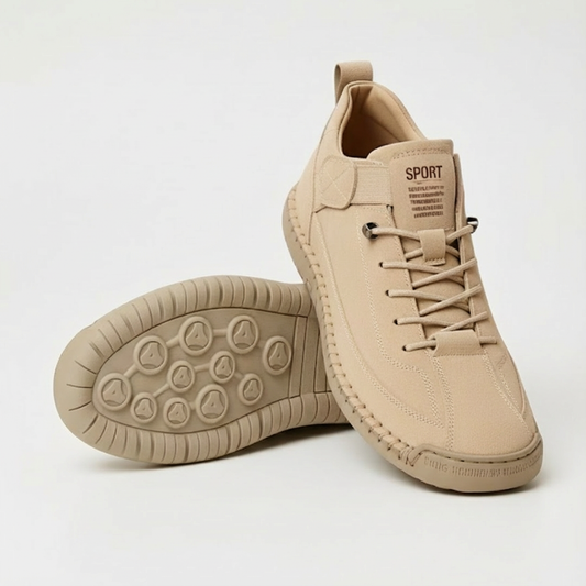 Pair of beige suede-look lace-up trainers, one shown from the side, one sole-up with circular tread 1